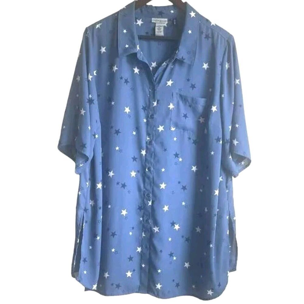 Catherines Blouse Women 14/16 WP Blue Star Novelty Print Button Up Patriotic - Picture 2 of 7